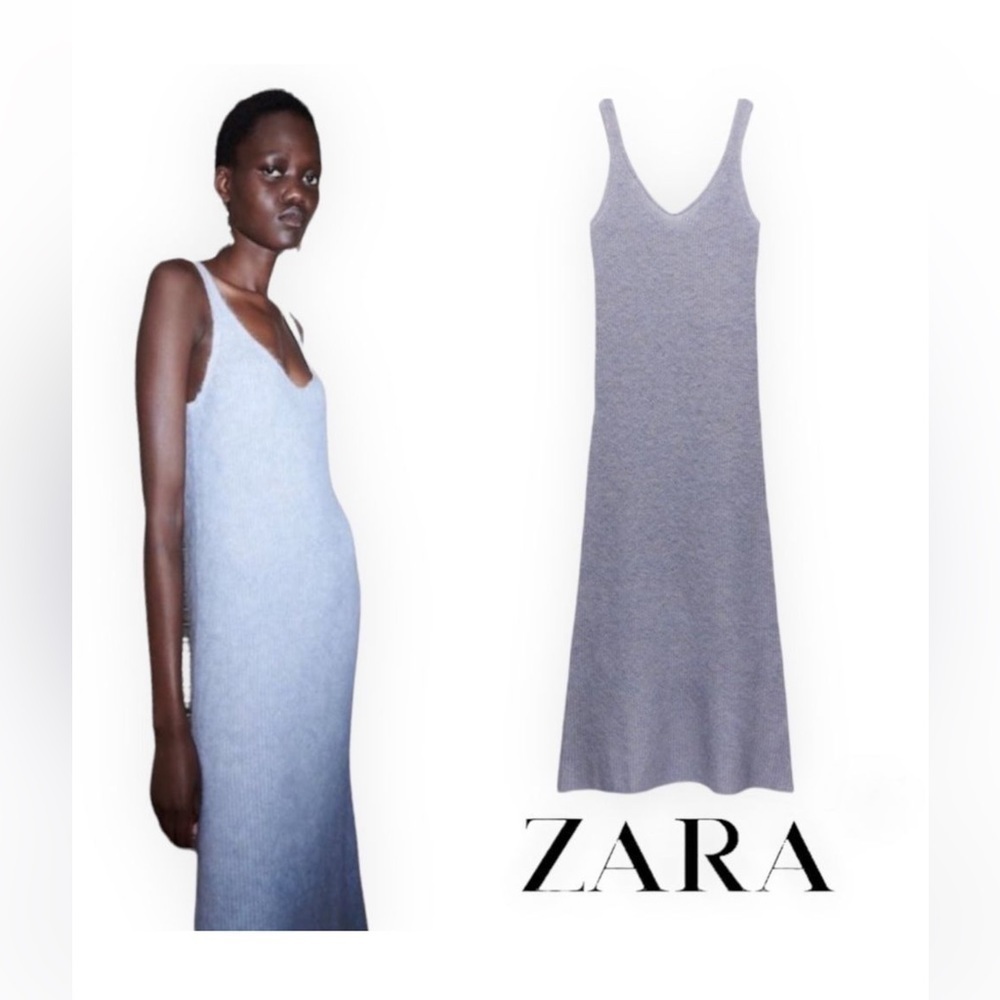 ZARA WOMEN'S WOOL & ALPACA BEADED STRAPPY DRESS LIGHT BLUE Sz L NWT